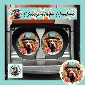 Car Coasters Pit Bull Dog Puppy in Hat Anthropomorphic Flowers Set of 2 Neoprene